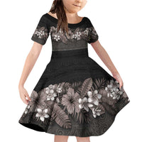 Hawaiian Tropical Flowers and Tribal Polynesian Tattoo Family Matching Off Shoulder Short Dress and Hawaiian Shirt Grayscale Mode LT03 Daughter's Dress Black - Polynesian Pride