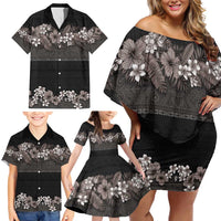 Hawaiian Tropical Flowers and Tribal Polynesian Tattoo Family Matching Off Shoulder Short Dress and Hawaiian Shirt Grayscale Mode LT03 - Polynesian Pride