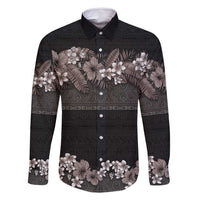 Hawaiian Tropical Flowers and Tribal Polynesian Tattoo Family Matching Summer Maxi Dress and Hawaiian Shirt Grayscale Mode LT03 Dad's Shirt - Long Sleeve Black - Polynesian Pride