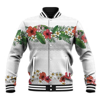 Hawaiian Tropical Flowers and Tribal Polynesian Tattoo Baseball Jacket White Color
