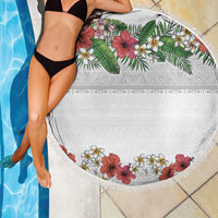 Hawaiian Tropical Flowers and Tribal Polynesian Tattoo Beach Blanket White Color