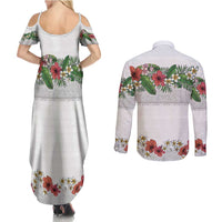 Hawaiian Tropical Flowers and Tribal Polynesian Tattoo Couples Matching Summer Maxi Dress and Long Sleeve Button Shirt White Color