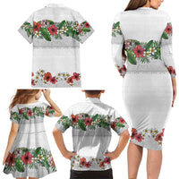 Hawaiian Tropical Flowers and Tribal Polynesian Tattoo Family Matching Long Sleeve Bodycon Dress and Hawaiian Shirt White Color LT03 - Polynesian Pride