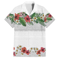 Hawaiian Tropical Flowers and Tribal Polynesian Tattoo Family Matching Off The Shoulder Long Sleeve Dress and Hawaiian Shirt White Color LT03 Dad's Shirt - Short Sleeve White - Polynesian Pride