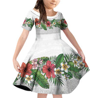 Hawaiian Tropical Flowers and Tribal Polynesian Tattoo Family Matching Off Shoulder Short Dress and Hawaiian Shirt White Color LT03 Daughter's Dress White - Polynesian Pride