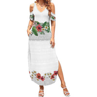 Hawaiian Tropical Flowers and Tribal Polynesian Tattoo Family Matching Summer Maxi Dress and Hawaiian Shirt White Color LT03 Mom's Dress White - Polynesian Pride