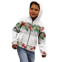 Hawaiian Tropical Flowers and Tribal Polynesian Tattoo Kid Hoodie White Color