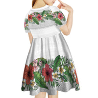 Hawaiian Tropical Flowers and Tribal Polynesian Tattoo Kid Short Sleeve Dress White Color