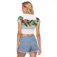 Hawaiian Tropical Flowers and Tribal Polynesian Tattoo Raglan Cropped T Shirt White Color