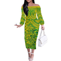 Cook Islands Va'a Polynesian Art Tattoo Family Matching Off The Shoulder Long Sleeve Dress and Hawaiian Shirt National Color LT03 Mom's Dress Green - Yellow - Polynesian Pride