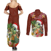 Hawaii Honu Mele Kalikimaka Couples Matching Summer Maxi Dress and Long Sleeve Button Shirt Santa Tropical Flower Aloha Summer Red Version LT03 - Polynesian Pride