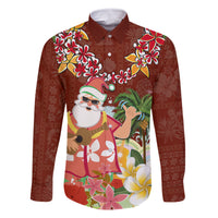 Hawaii Honu Mele Kalikimaka Family Matching Off Shoulder Maxi Dress and Hawaiian Shirt Santa Tropical Flower Aloha Summer Red Version LT03 Dad's Shirt - Long Sleeve Red - Polynesian Pride