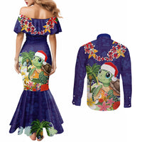 Hawaii Honu Mele Kalikimaka Couples Matching Mermaid Dress and Long Sleeve Button Shirt Santa Tropical Flower Aloha Summer Blue Version LT03 - Polynesian Pride