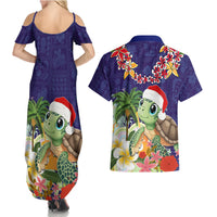 Hawaii Honu Mele Kalikimaka Couples Matching Summer Maxi Dress and Hawaiian Shirt Santa Tropical Flower Aloha Summer Blue Version LT03 - Polynesian Pride