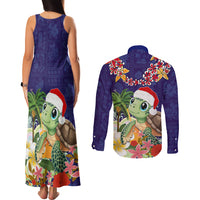 Hawaii Honu Mele Kalikimaka Couples Matching Tank Maxi Dress and Long Sleeve Button Shirt Santa Tropical Flower Aloha Summer Blue Version LT03 - Polynesian Pride