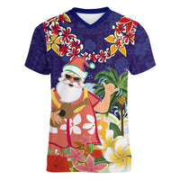 Hawaii Honu Mele Kalikimaka Women V Neck T Shirt Santa Tropical Flower Aloha Summer Blue Version LT03 Female Blue - Polynesian Pride