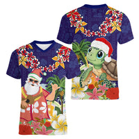 Hawaii Honu Mele Kalikimaka Women V Neck T Shirt Santa Tropical Flower Aloha Summer Blue Version LT03 - Polynesian Pride