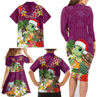 Hawaii Honu Mele Kalikimaka Family Matching Long Sleeve Bodycon Dress and Hawaiian Shirt Santa Tropical Flower Aloha Summer Pink Version LT03 - Polynesian Pride