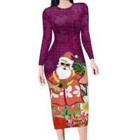 Hawaii Honu Mele Kalikimaka Family Matching Long Sleeve Bodycon Dress and Hawaiian Shirt Santa Tropical Flower Aloha Summer Pink Version LT03 Mom's Dress Pink - Polynesian Pride