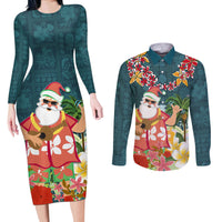 Hawaii Honu Mele Kalikimaka Couples Matching Long Sleeve Bodycon Dress and Long Sleeve Button Shirt Santa Tropical Flower Aloha Summer Turquoise Version LT03 Turquoise - Polynesian Pride