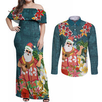 Hawaii Honu Mele Kalikimaka Couples Matching Off Shoulder Maxi Dress and Long Sleeve Button Shirt Santa Tropical Flower Aloha Summer Turquoise Version LT03 Turquoise - Polynesian Pride