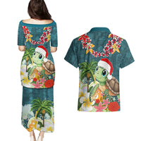 Hawaii Honu Mele Kalikimaka Couples Matching Puletasi Dress and Hawaiian Shirt Santa Tropical Flower Aloha Summer Turquoise Version LT03 - Polynesian Pride