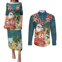 Hawaii Honu Mele Kalikimaka Couples Matching Puletasi Dress and Long Sleeve Button Shirt Santa Tropical Flower Aloha Summer Turquoise Version LT03 Turquoise - Polynesian Pride