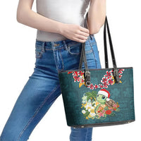 Hawaii Honu Mele Kalikimaka Leather Tote Bag Santa Tropical Flower Aloha Summer Turquoise Version LT03 - Polynesian Pride
