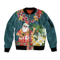 Hawaii Honu Mele Kalikimaka Sleeve Zip Bomber Jacket Santa Tropical Flower Aloha Summer Turquoise Version LT03 Unisex Turquoise - Polynesian Pride
