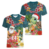 Hawaii Honu Mele Kalikimaka Women V Neck T Shirt Santa Tropical Flower Aloha Summer Turquoise Version LT03 - Polynesian Pride