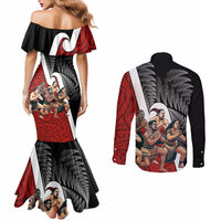 New Zealand Te Matatini Couples Matching Mermaid Dress and Long Sleeve Button Shirt Kapa Haka and Silver Fern - Maori Art Pattern LT03 - Polynesian Pride