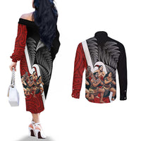 New Zealand Te Matatini Couples Matching Off The Shoulder Long Sleeve Dress and Long Sleeve Button Shirt Kapa Haka and Silver Fern - Maori Art Pattern LT03 - Polynesian Pride