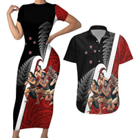 New Zealand Te Matatini Couples Matching Short Sleeve Bodycon Dress and Hawaiian Shirt Kapa Haka and Silver Fern - Maori Art Pattern LT03 Black - Polynesian Pride
