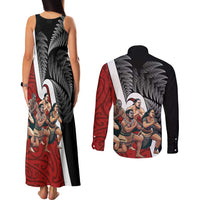 New Zealand Te Matatini Couples Matching Tank Maxi Dress and Long Sleeve Button Shirt Kapa Haka and Silver Fern - Maori Art Pattern LT03 - Polynesian Pride