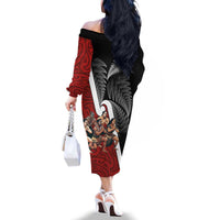 New Zealand Te Matatini Family Matching Off The Shoulder Long Sleeve Dress and Hawaiian Shirt Kapa Haka and Silver Fern - Maori Art Pattern LT03 - Polynesian Pride