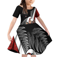 New Zealand Te Matatini Family Matching Off Shoulder Short Dress and Hawaiian Shirt Kapa Haka and Silver Fern - Maori Art Pattern LT03 Daughter's Dress Black - Polynesian Pride