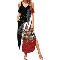 New Zealand Te Matatini Family Matching Summer Maxi Dress and Hawaiian Shirt Kapa Haka and Silver Fern - Maori Art Pattern LT03 Mom's Dress Black - Polynesian Pride