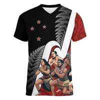 New Zealand Te Matatini Women V-Neck T-Shirt Kapa Haka and Silver Fern - Maori Art Pattern
