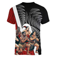 New Zealand Te Matatini Women V-Neck T-Shirt Kapa Haka and Silver Fern - Maori Art Pattern