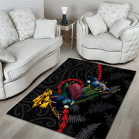 New Zealand Tui Birds Love Couple Area Rug The Heart of Silver Fern Leaves and Maori Tattoo Pattern LT03 - Polynesian Pride