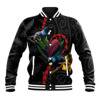 New Zealand Tui Birds Love Couple Baseball Jacket The Heart of Silver Fern Leaves and Maori Tattoo Pattern LT03 Unisex Black - Polynesian Pride
