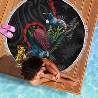 New Zealand Tui Birds Love Couple Beach Blanket The Heart of Silver Fern Leaves and Maori Tattoo Pattern LT03 - Polynesian Pride