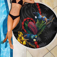New Zealand Tui Birds Love Couple Beach Blanket The Heart of Silver Fern Leaves and Maori Tattoo Pattern LT03 - Polynesian Pride
