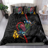 New Zealand Tui Birds Love Couple Bedding Set The Heart of Silver Fern Leaves and Maori Tattoo Pattern LT03 - Polynesian Pride