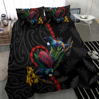 New Zealand Tui Birds Love Couple Bedding Set The Heart of Silver Fern Leaves and Maori Tattoo Pattern LT03 - Polynesian Pride