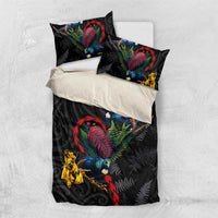 New Zealand Tui Birds Love Couple Bedding Set The Heart of Silver Fern Leaves and Maori Tattoo Pattern LT03 US Twin 172cm x 218cm Black - Polynesian Pride
