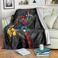 New Zealand Tui Birds Love Couple Blanket The Heart of Silver Fern Leaves and Maori Tattoo Pattern LT03 Black - Polynesian Pride