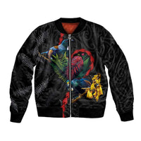 New Zealand Tui Birds Love Couple Bomber Jacket The Heart of Silver Fern Leaves and Maori Tattoo Pattern