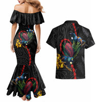 New Zealand Tui Birds Love Couple Couples Matching Mermaid Dress and Hawaiian Shirt The Heart of Silver Fern Leaves and Maori Tattoo Pattern LT03 - Polynesian Pride