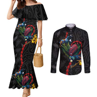 New Zealand Tui Birds Love Couple Couples Matching Mermaid Dress and Long Sleeve Button Shirt The Heart of Silver Fern Leaves and Maori Tattoo Pattern LT03 Black - Polynesian Pride